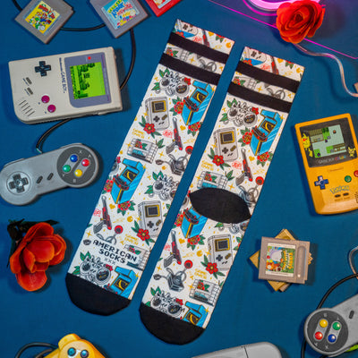 geek socks with game boy and arcade gaming