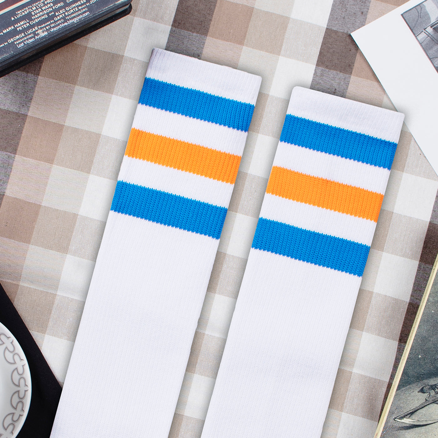 Cool knee high socks with three blue and orange horizontal stripes american socks 