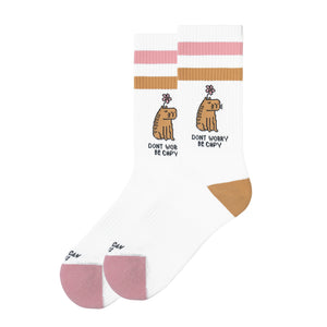 Be Capy Mid High Socks with a capybara and pink retro stripes, by American Socks