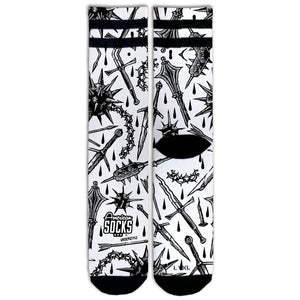 Medieval Mid High Socks with black and white medieval swords, castles and dragons, by American Socks