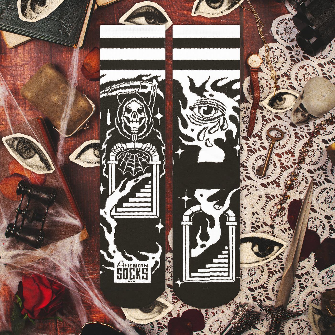 Dark goth crew socks with grim reaper on top of death's door design by american socks