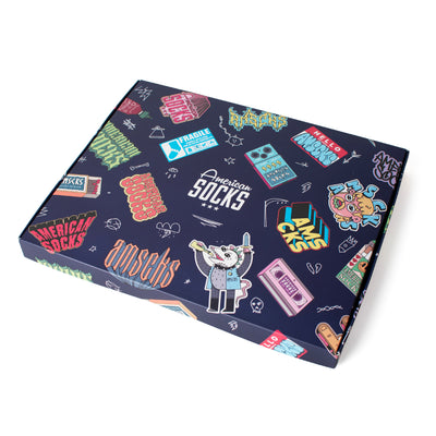Cool gift box by american socks with logo in different styles and messy doodles