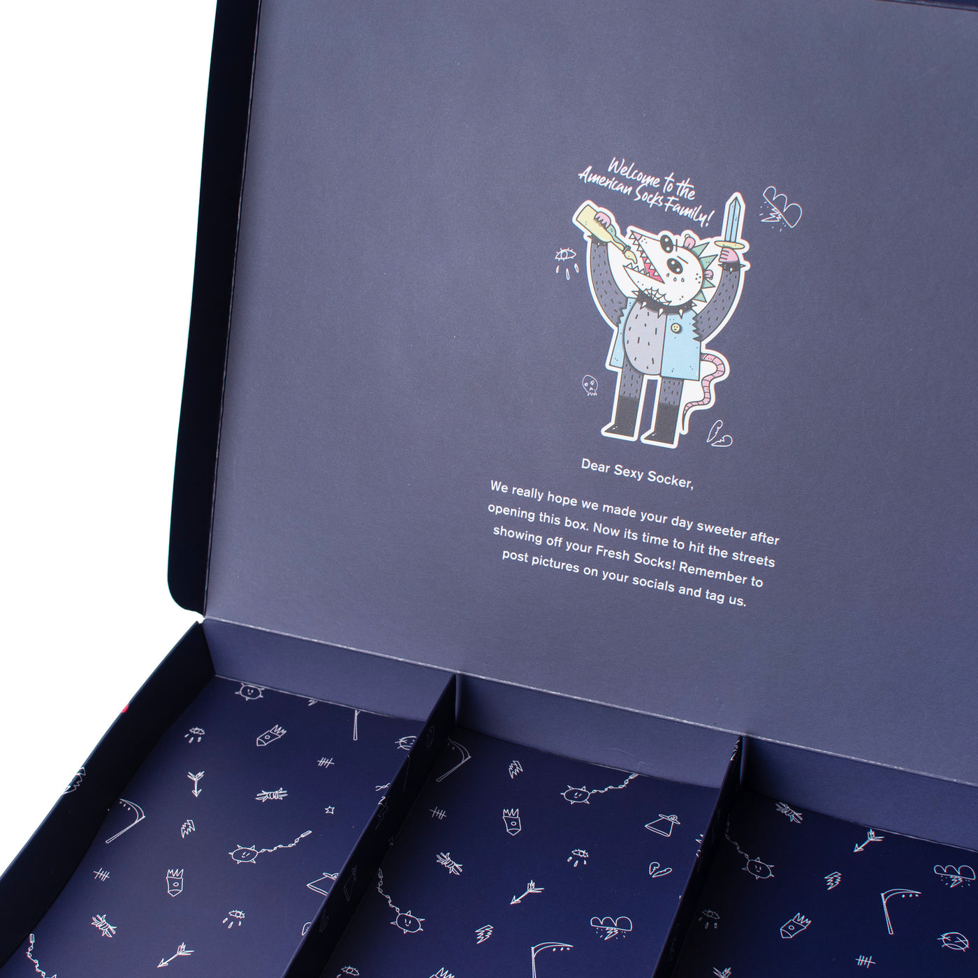 Close up of empty gift box with thank you message by american socks