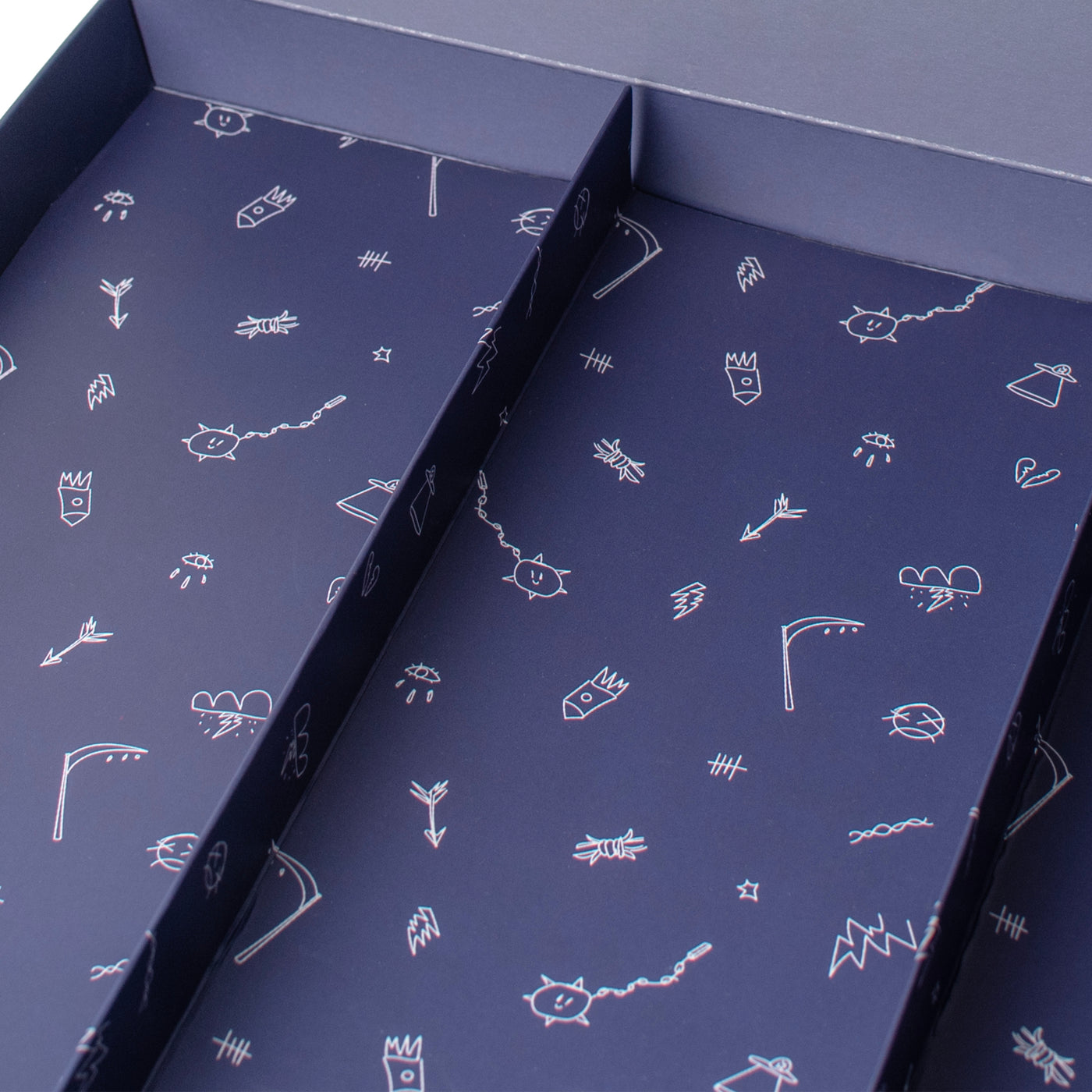 Close up of the empty interior of cool giftbox with small doodles by american socks