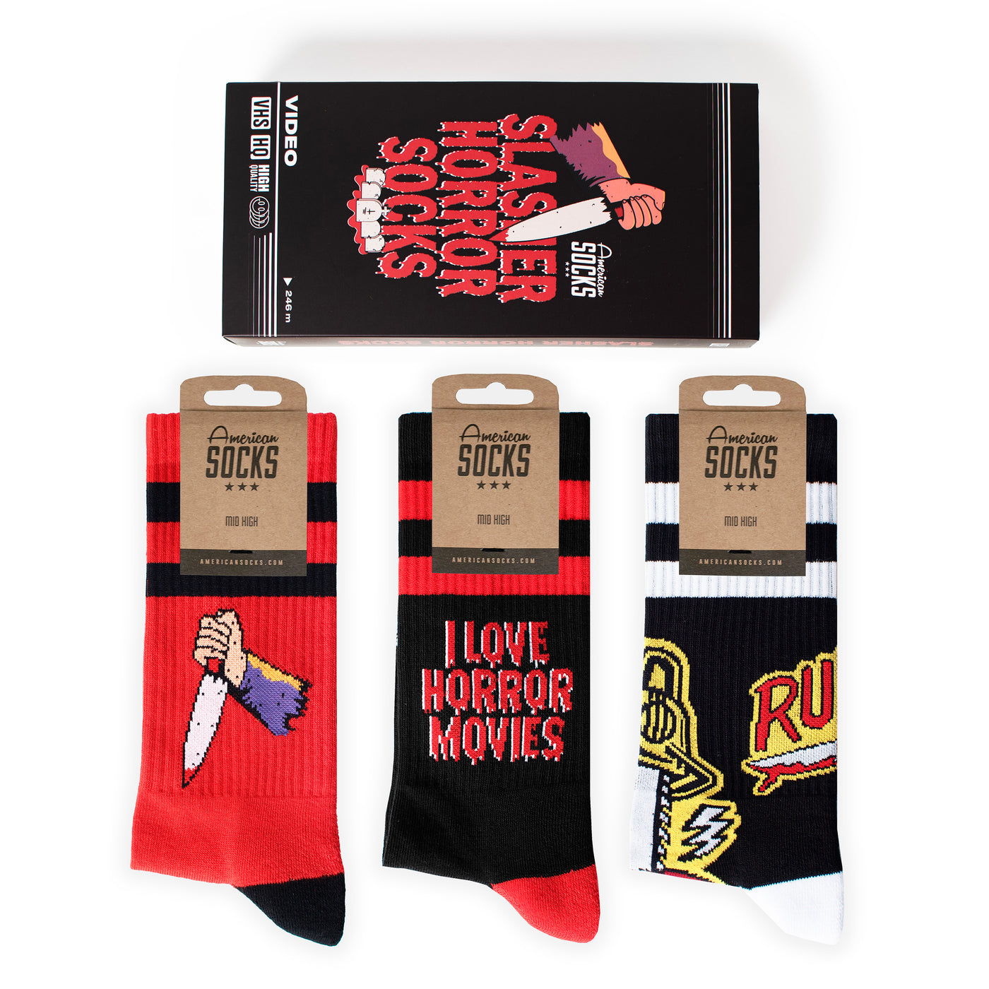 Slasher themed gift box with three horror socks shown psycho knife sock i love horror movies sock and chainsaw attack sock by american socks