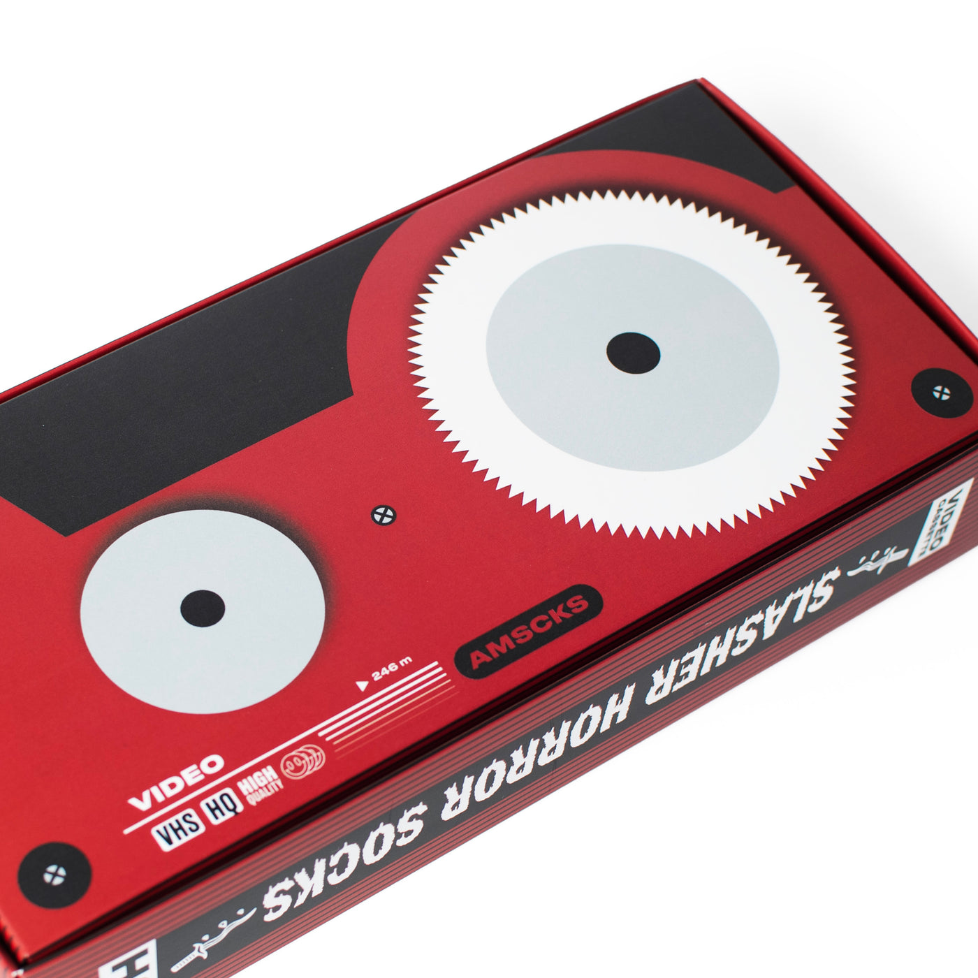 Close up of Slasher movie giftbox with retro VHS themed packaging by american socks