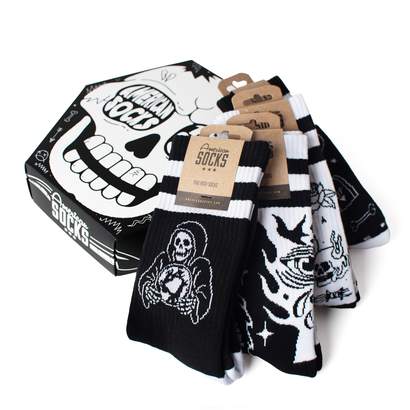 Skull gift box with grim reaper and death related crew socks by american socks 