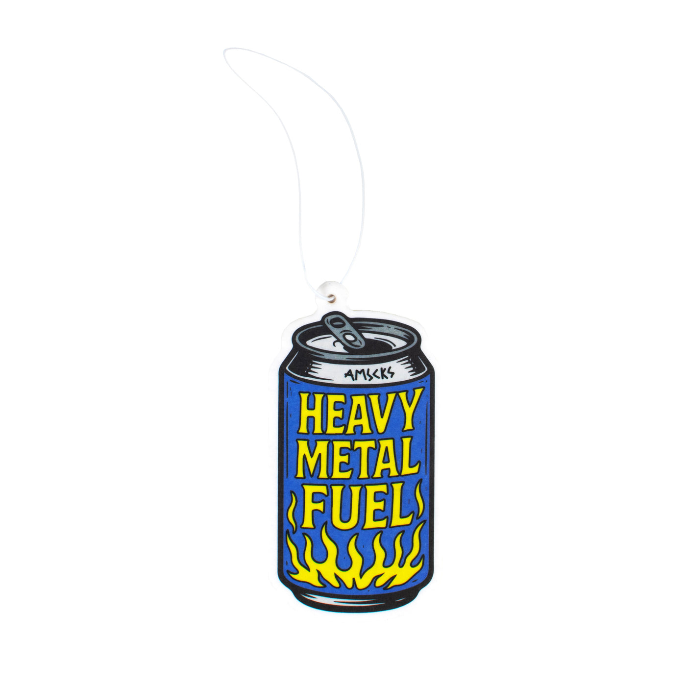 Air freshener beer can with 'Heavy Metal Fuel' text american socks 