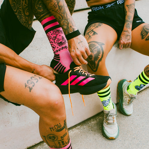 Burning Rage technical running socks worn on a run