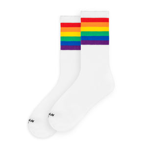 Rainbow Pride Mid High Socks with retro rainbow stripes on white, classic tube sock style, by American Socks