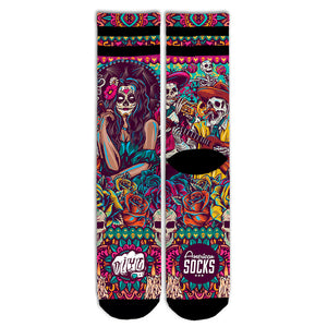 Día de los muertos Mid High Socks with a Catrina sugar skull and colorful Mexican motifs, by American Socks